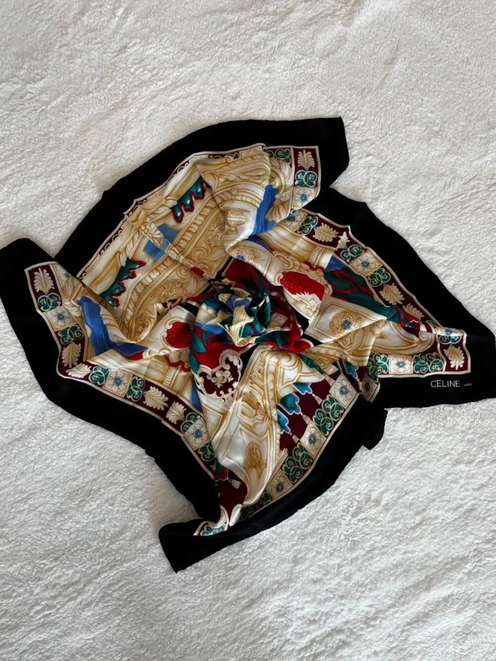 Celine Vintage Black Silk Scarf Ancient Theater Lyre Pattern Large Square